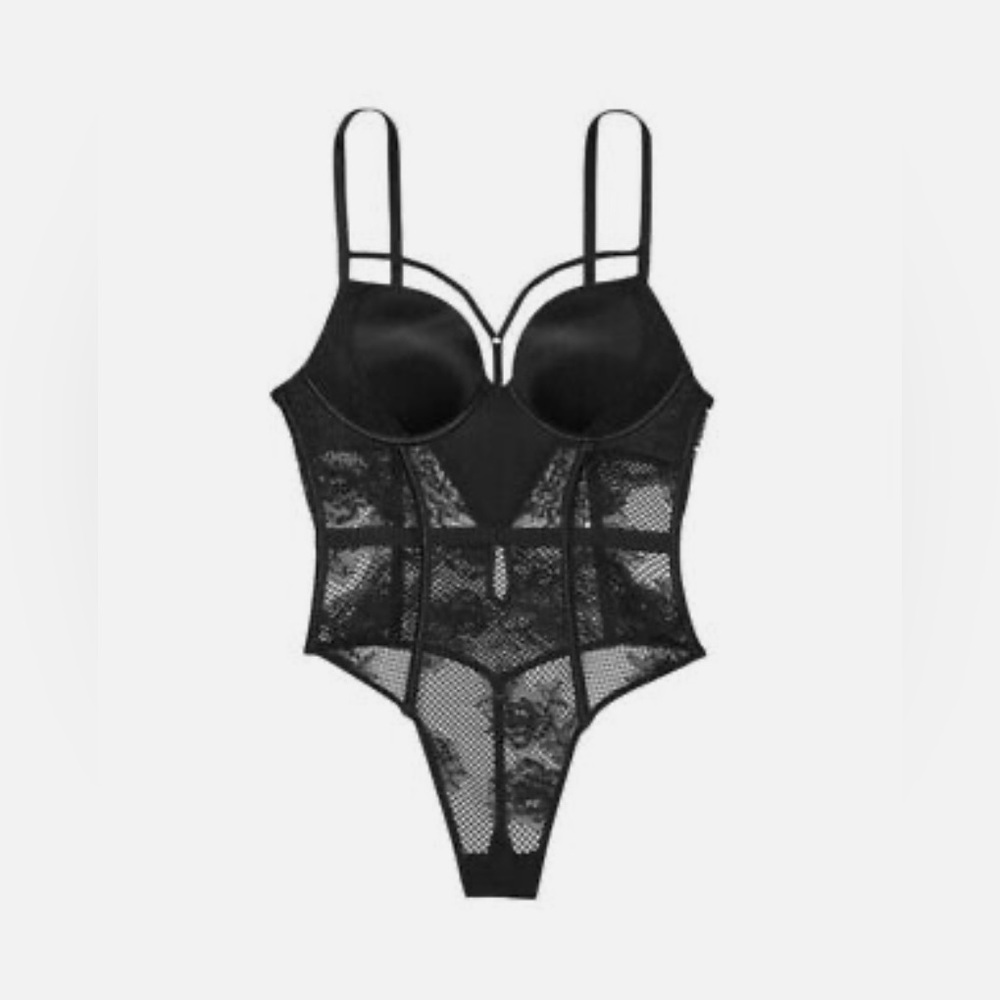 NWT Victorias Secret Bombshell Push-up Fishnet Floral Teddy in Black